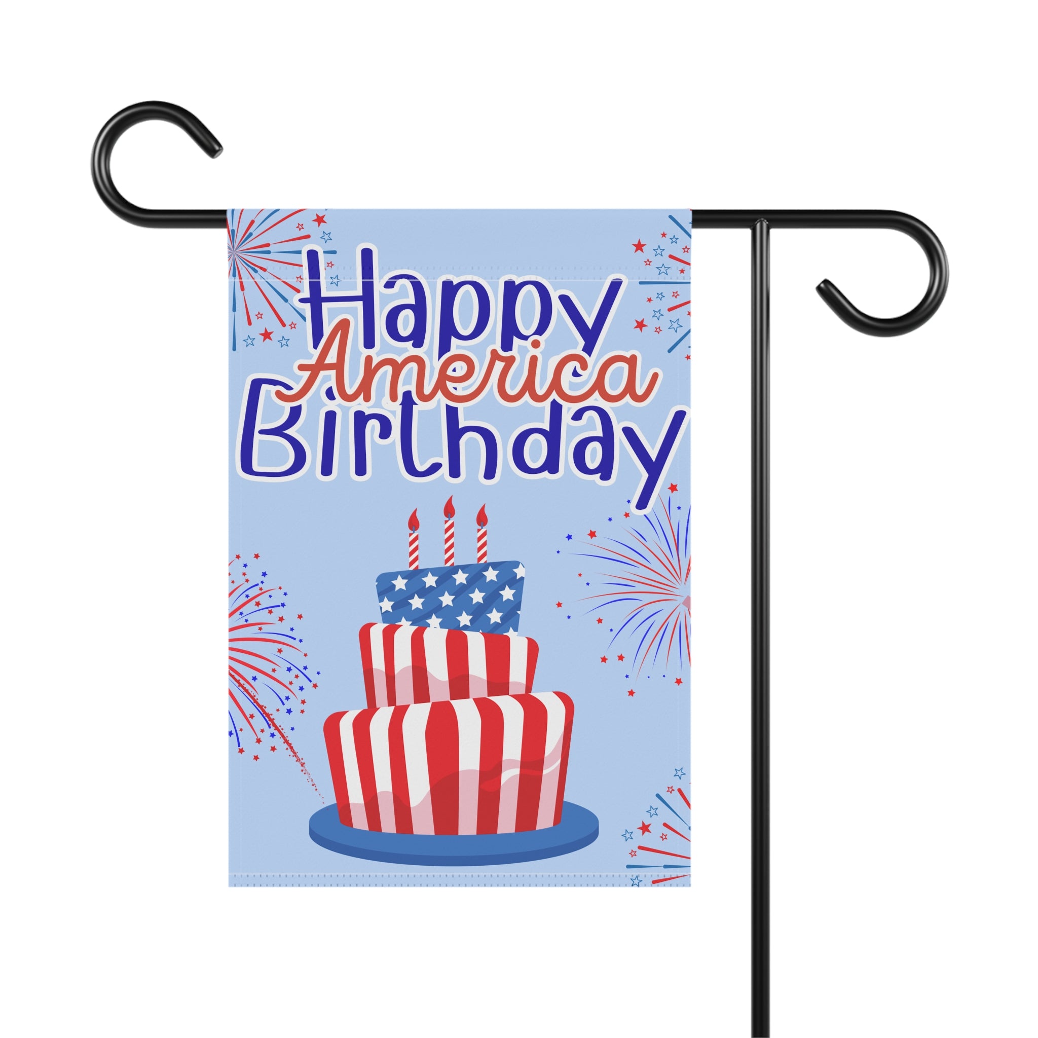 Happy America Birthday Garden Flag — Patriotic 4th of July Lawn Banner with Fireworks & Flag Cake