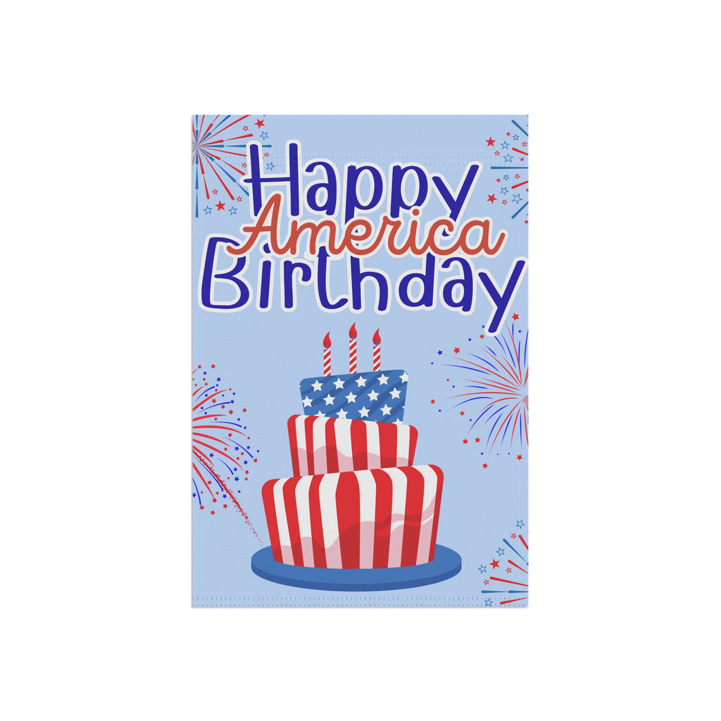 Happy America Birthday Garden Flag — Patriotic 4th of July Lawn Banner with Fireworks & Flag Cake