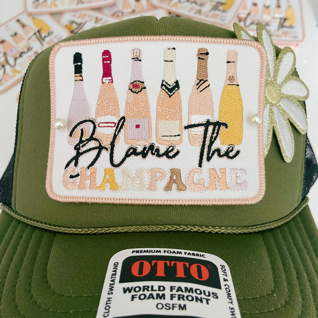 4" Blame the Champagne  -  Embroidered Hat Patch ( V2 4"x3"): QTY 1