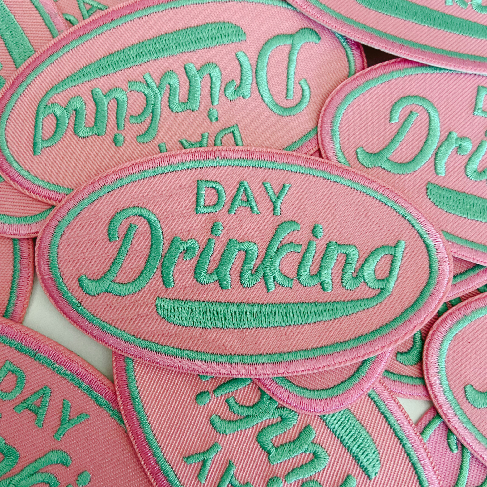 3.75" Day Drinking in Pink and Teal  -  Embroidered Hat Patch (Version 2): QTY 1