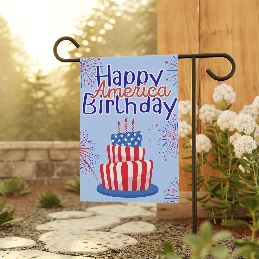 Happy America Birthday Garden Flag — Patriotic 4th of July Lawn Banner with Fireworks & Flag Cake
