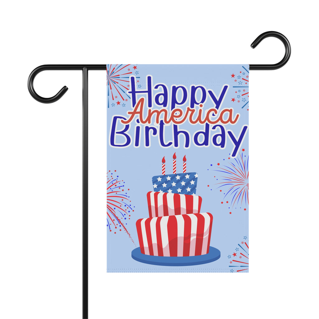 Happy America Birthday Garden Flag — Patriotic 4th of July Lawn Banner with Fireworks & Flag Cake