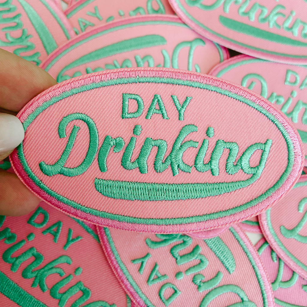 3.75" Day Drinking in Pink and Teal  -  Embroidered Hat Patch (Version 2): QTY 1