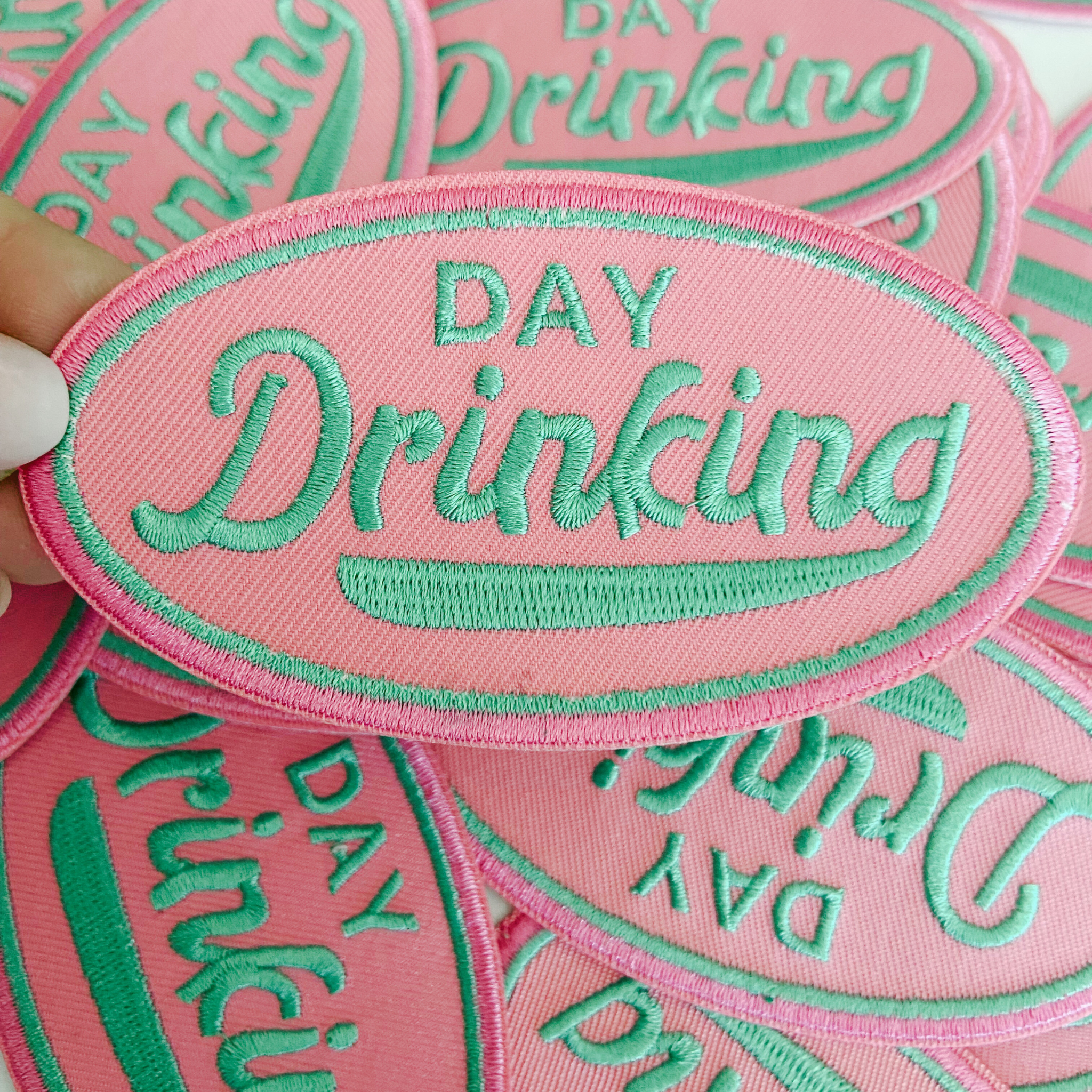 3.75" Day Drinking in Pink and Teal  -  Embroidered Hat Patch (Version 2): QTY 1